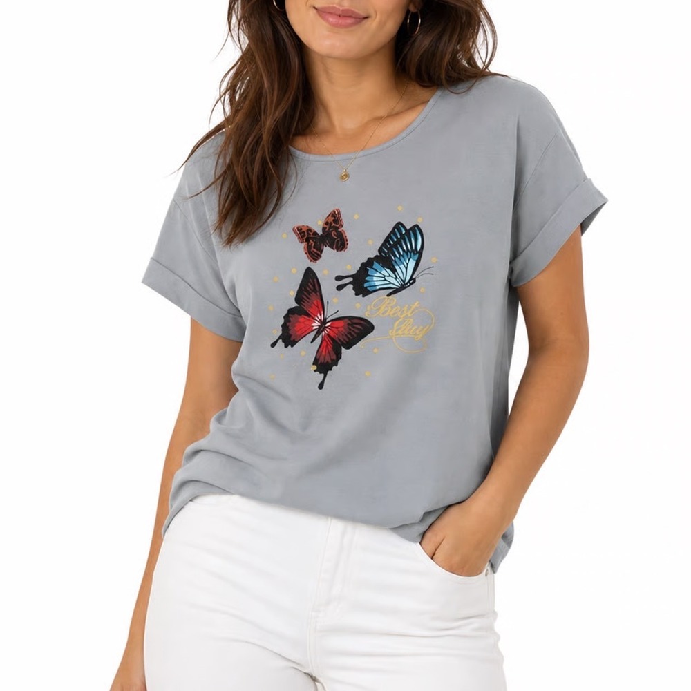 ENJOYNIGHT Womens Grey Butterfly Graphic Sleep Shirt Short Sleeve Scoop Neck L